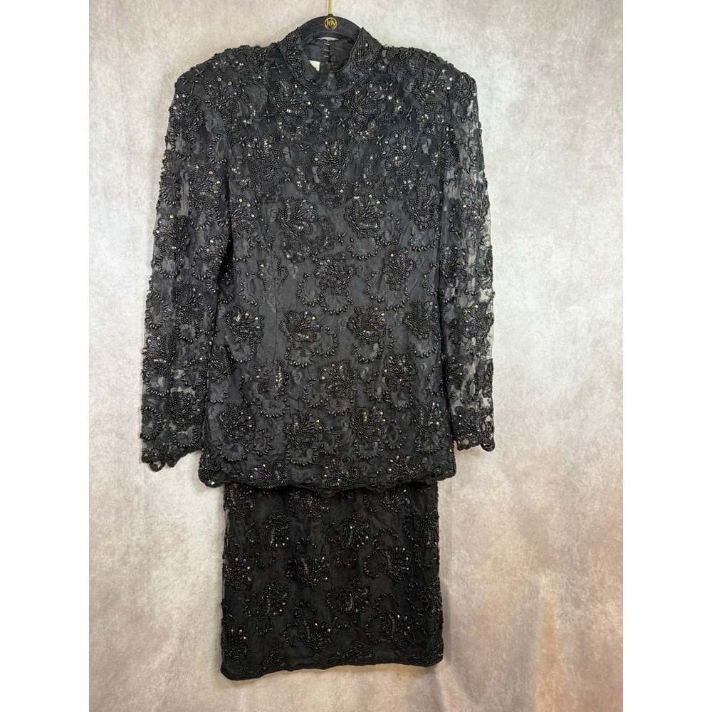 VTG Judith Ann Creations Beaded Lace Skirt Set Small  Black Floral Sequin Formal